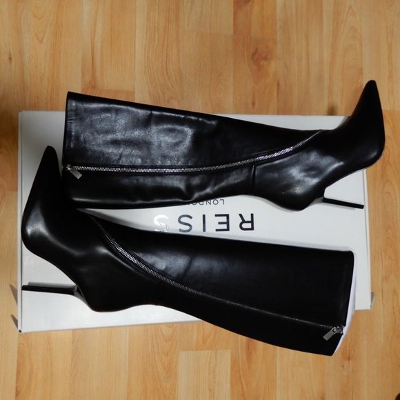 REISS Hoxton Leather Knee High Heels BOOTS US 38 7 Black Point Toe Zip NEW - Picture 8 of 14
